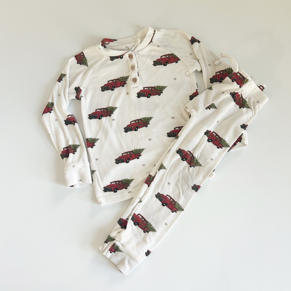Rosewood The Label Kids Red Truck Christmas‎ Tree Ribbed Modal Pajama Set 3/4